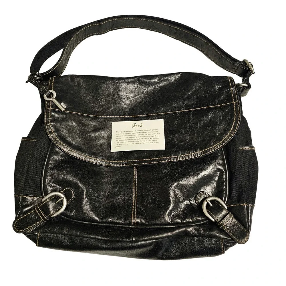 Fossil black Leather & Canvas messenger crossbody‎ bag. Unisex